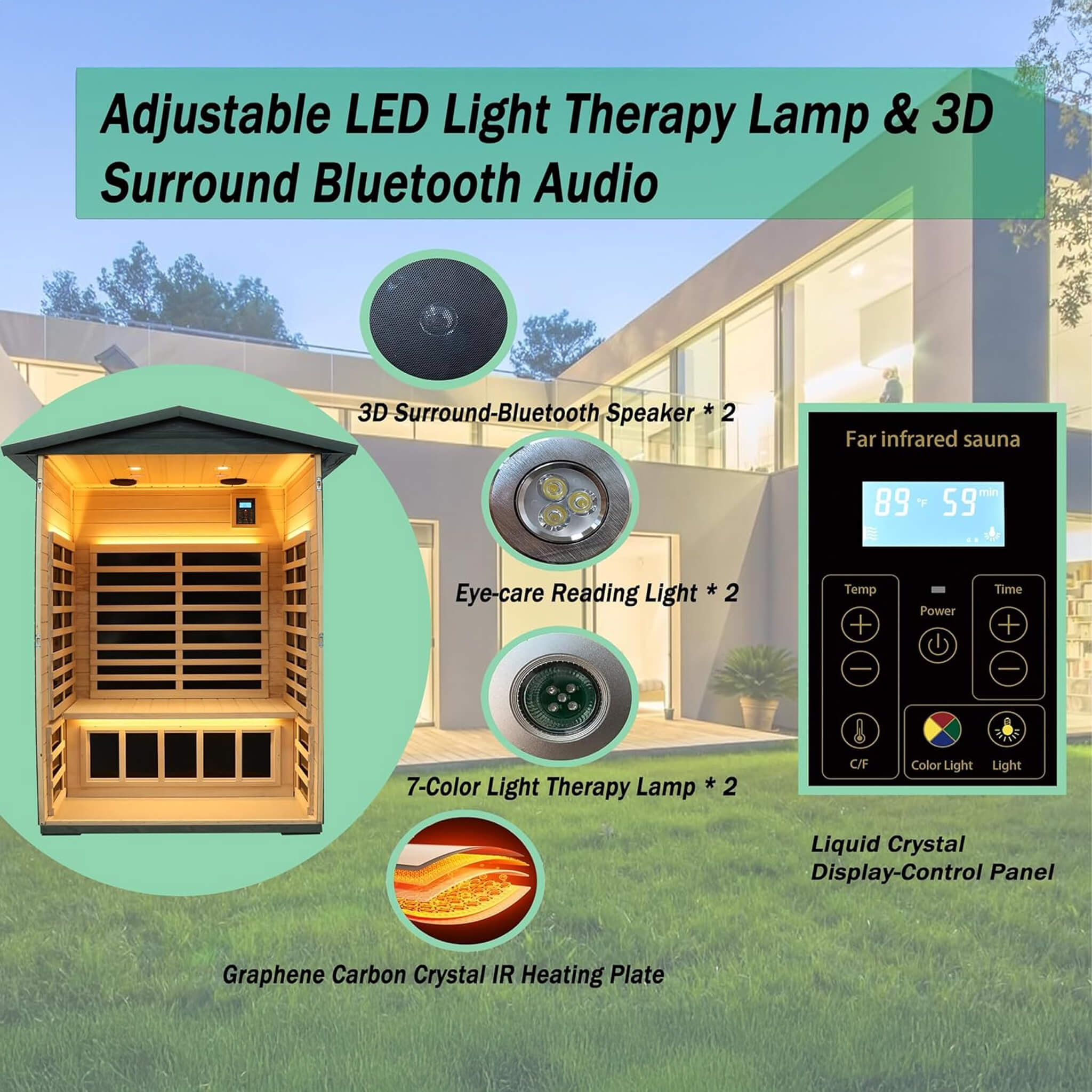 2-Person Thermora Riva Outdoor Infrared Sauna – Low EMF, Black Carbonized Walnut, Bluetooth & LED
