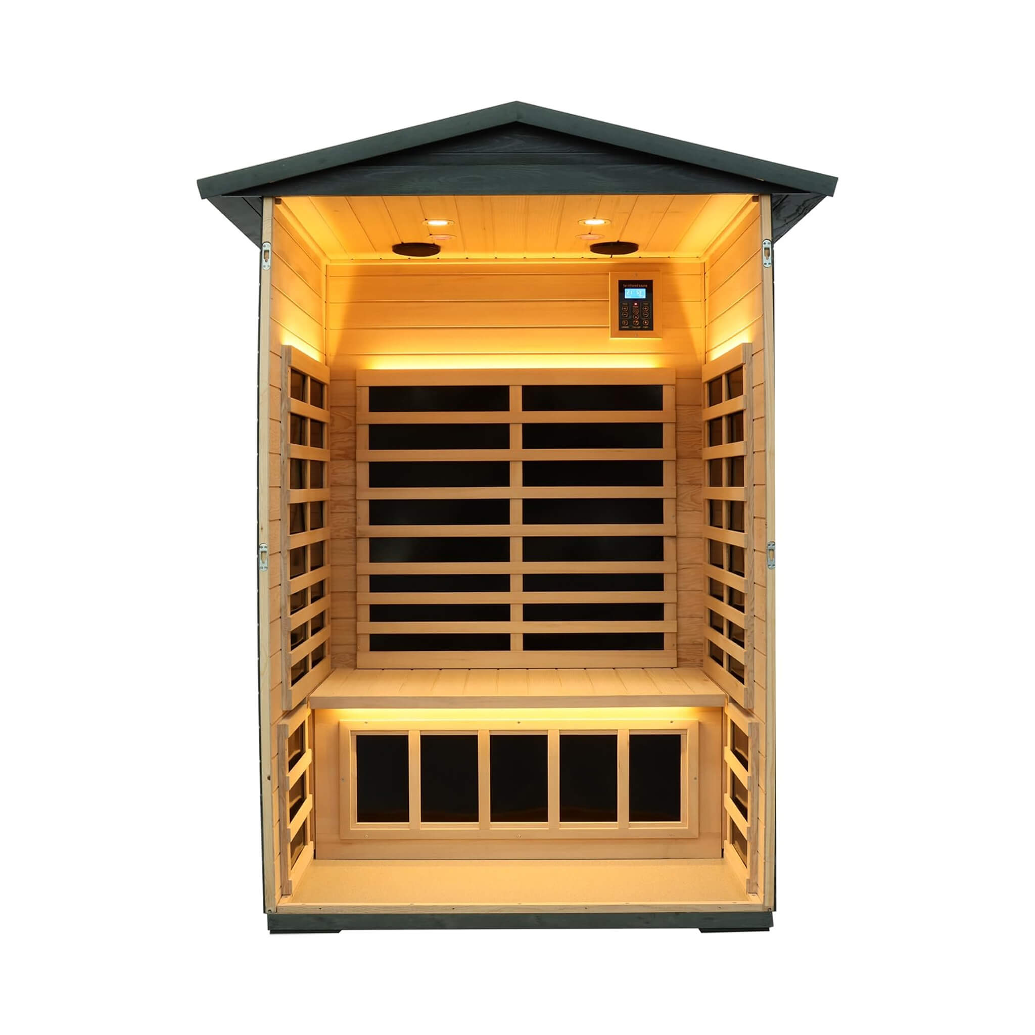 2-Person Thermora Riva Outdoor Infrared Sauna – Low EMF, Black Carbonized Walnut, Bluetooth & LED
