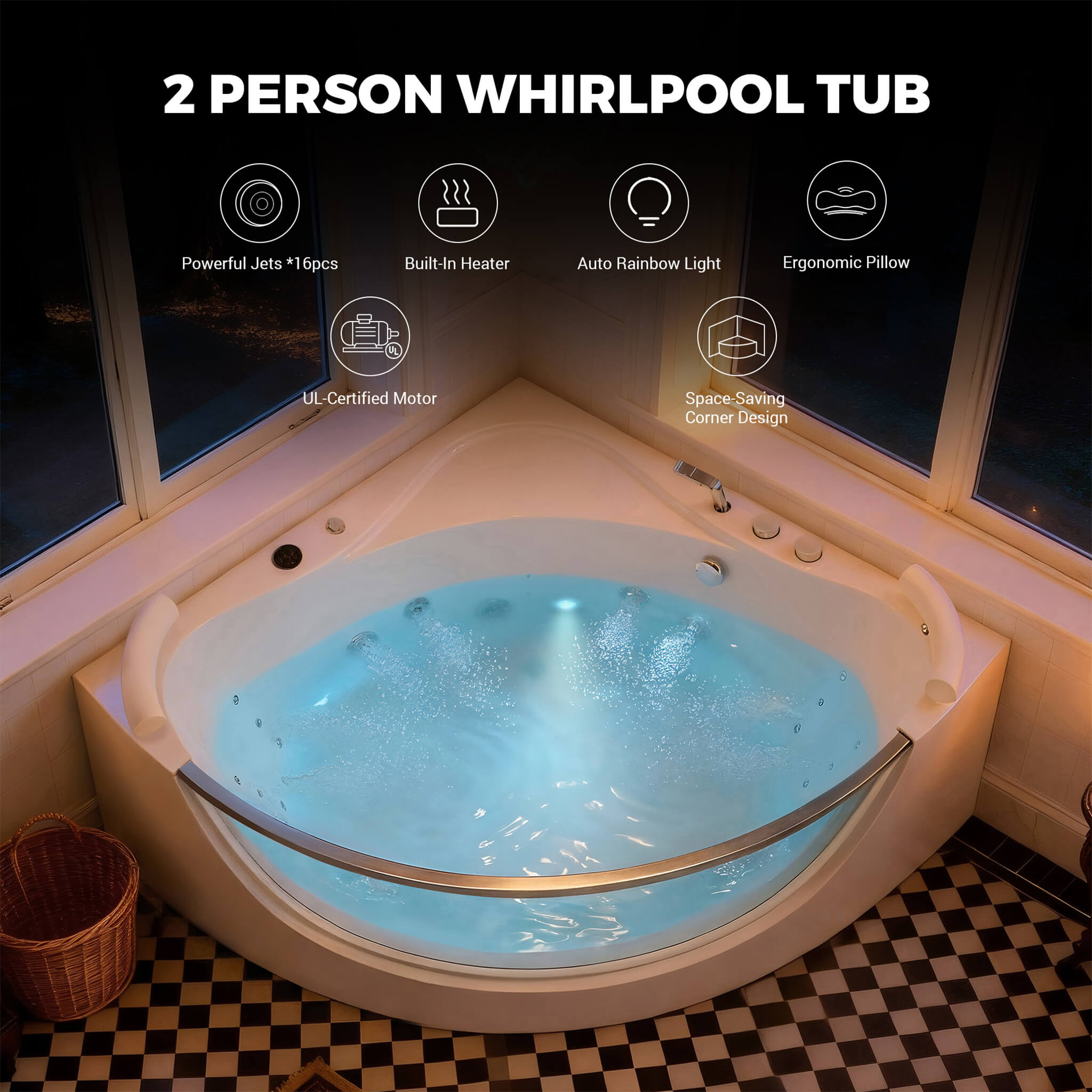 Alora Serenity 59" 2-Person Acrylic Corner Whirlpool Tub – 16 Jets, Hydro Massage, Heater & Rainbow Light