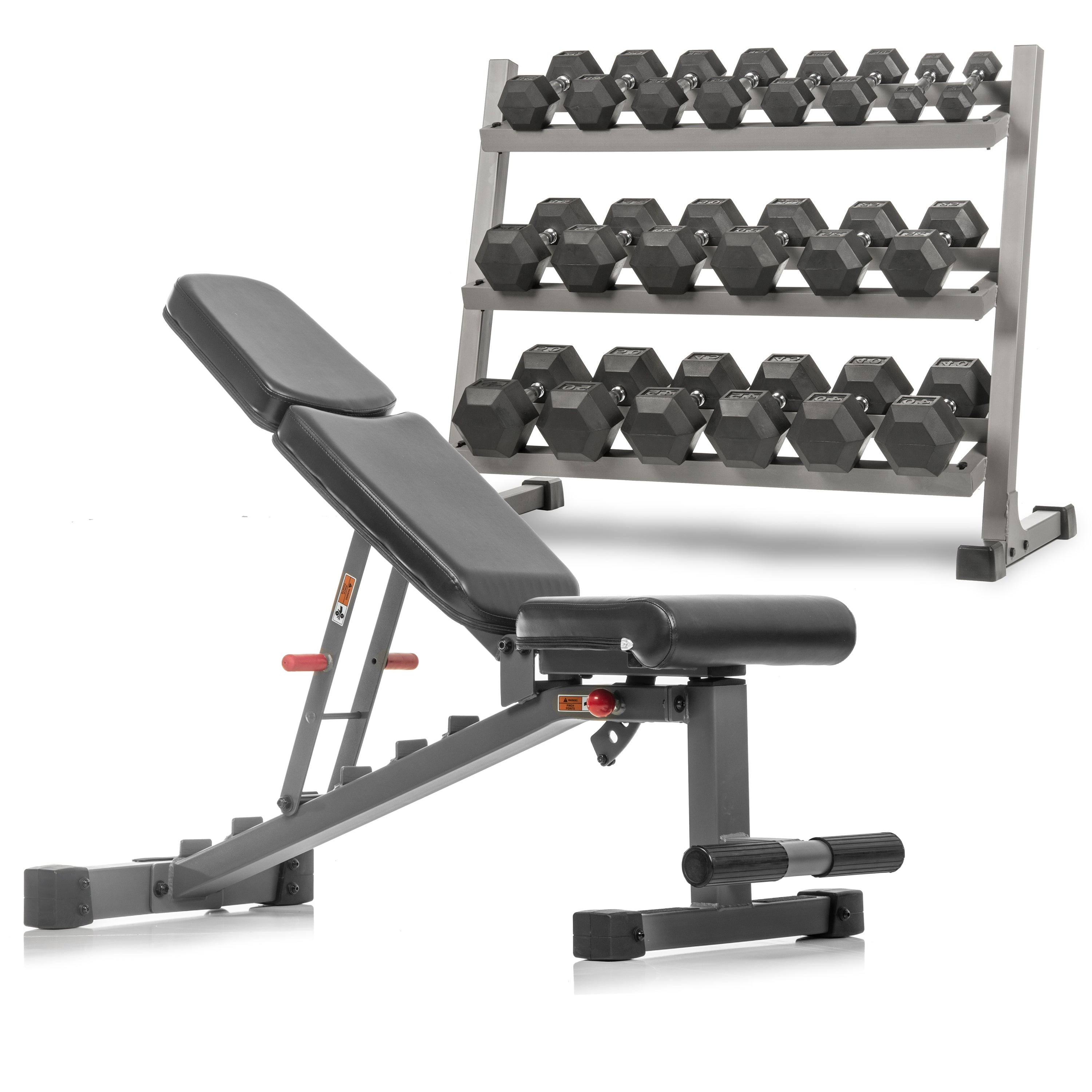 Hex Dumbbell Set 5–50 lb with Rack & Weight Bench | XMARK