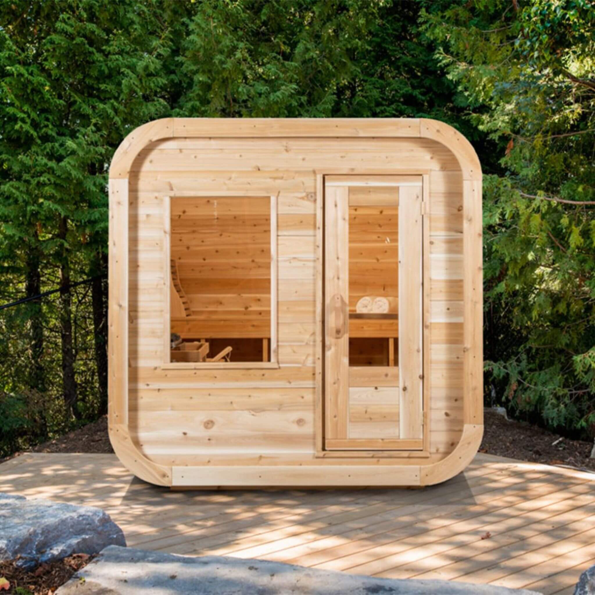 Dundalk Leisurecraft Luna Cube 4-Person Canadian Timber Sauna – Sloped Roof & Front Window