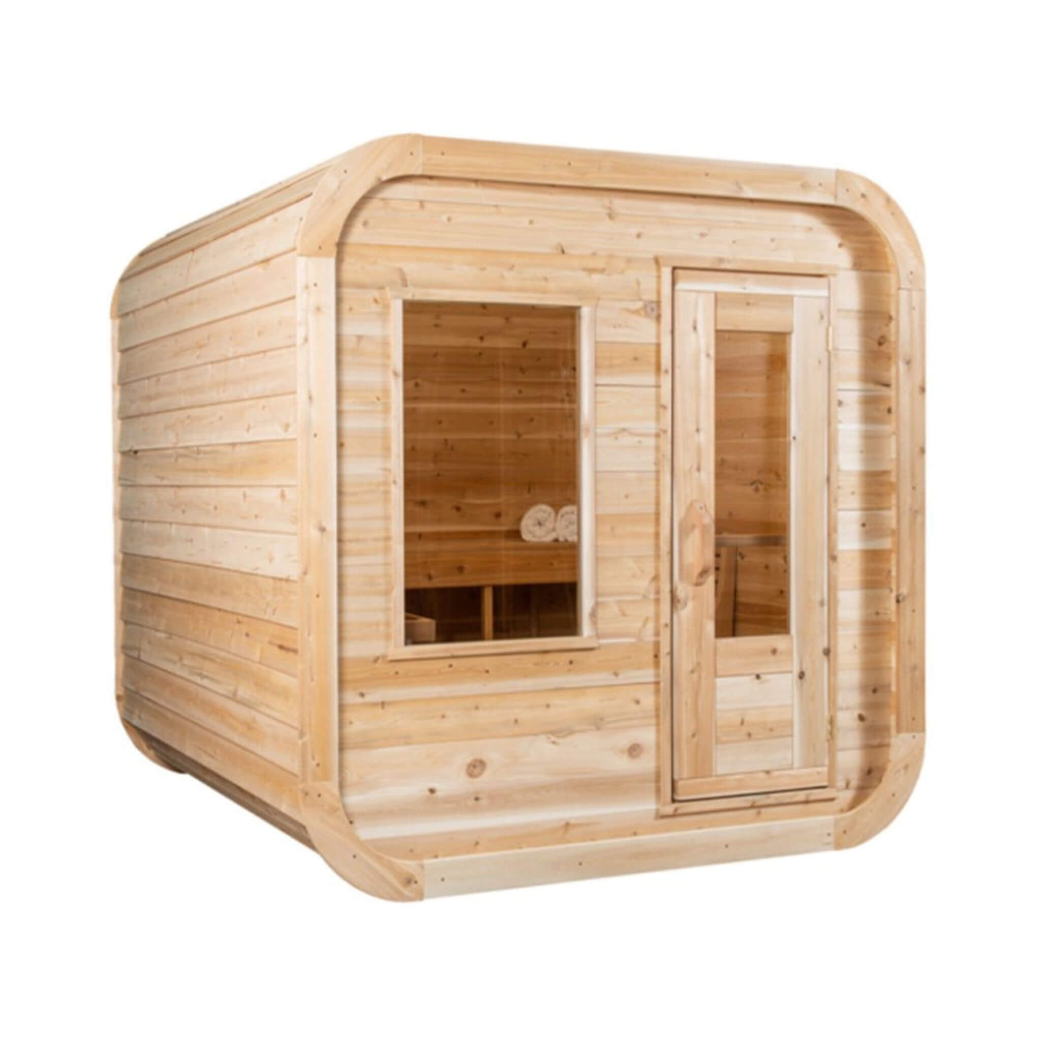 Dundalk Leisurecraft Luna Cube 4-Person Canadian Timber Sauna – Sloped Roof & Front Window