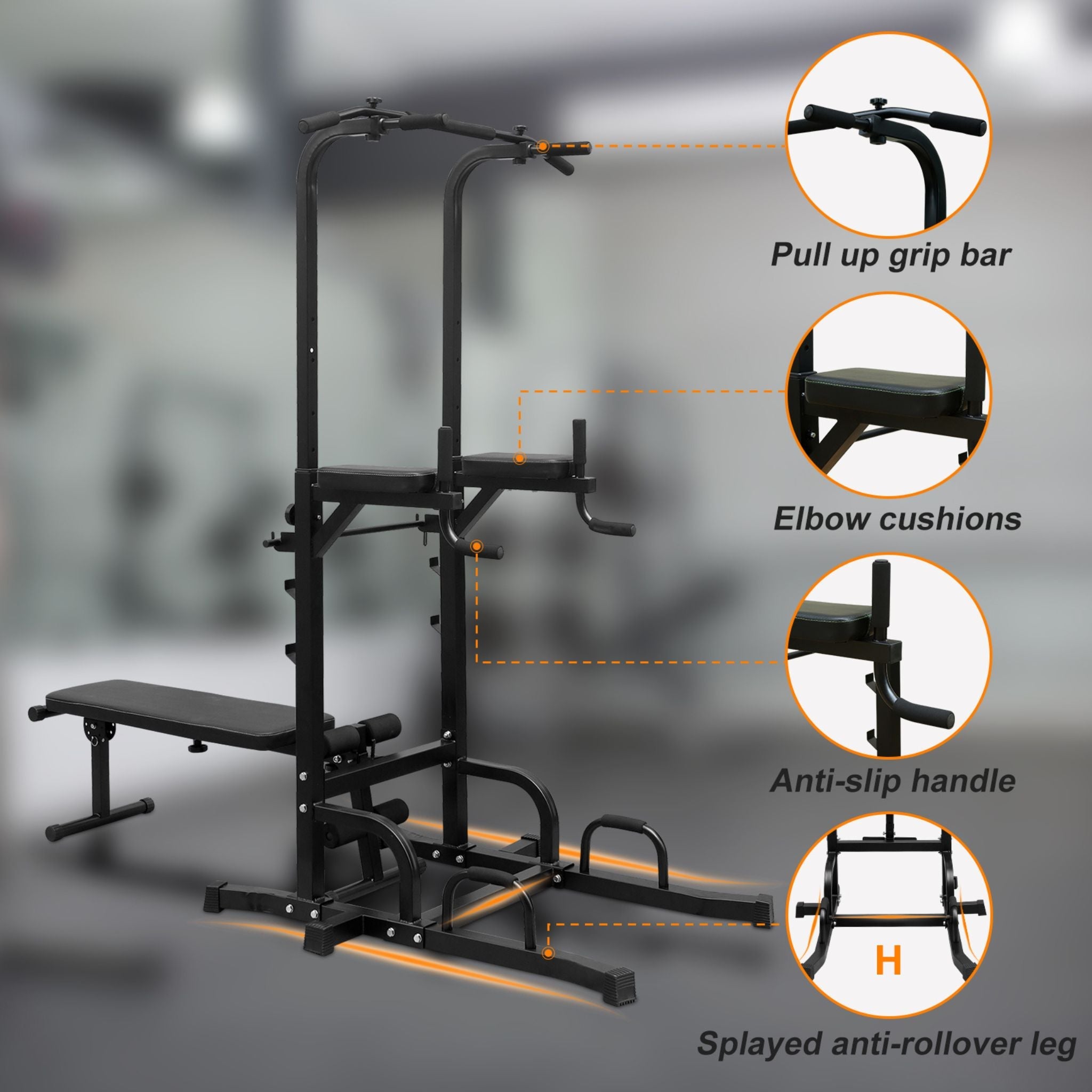 Rovix Power Tower Dip Station – Pull-Up Bar, Bench & Adjustable Height