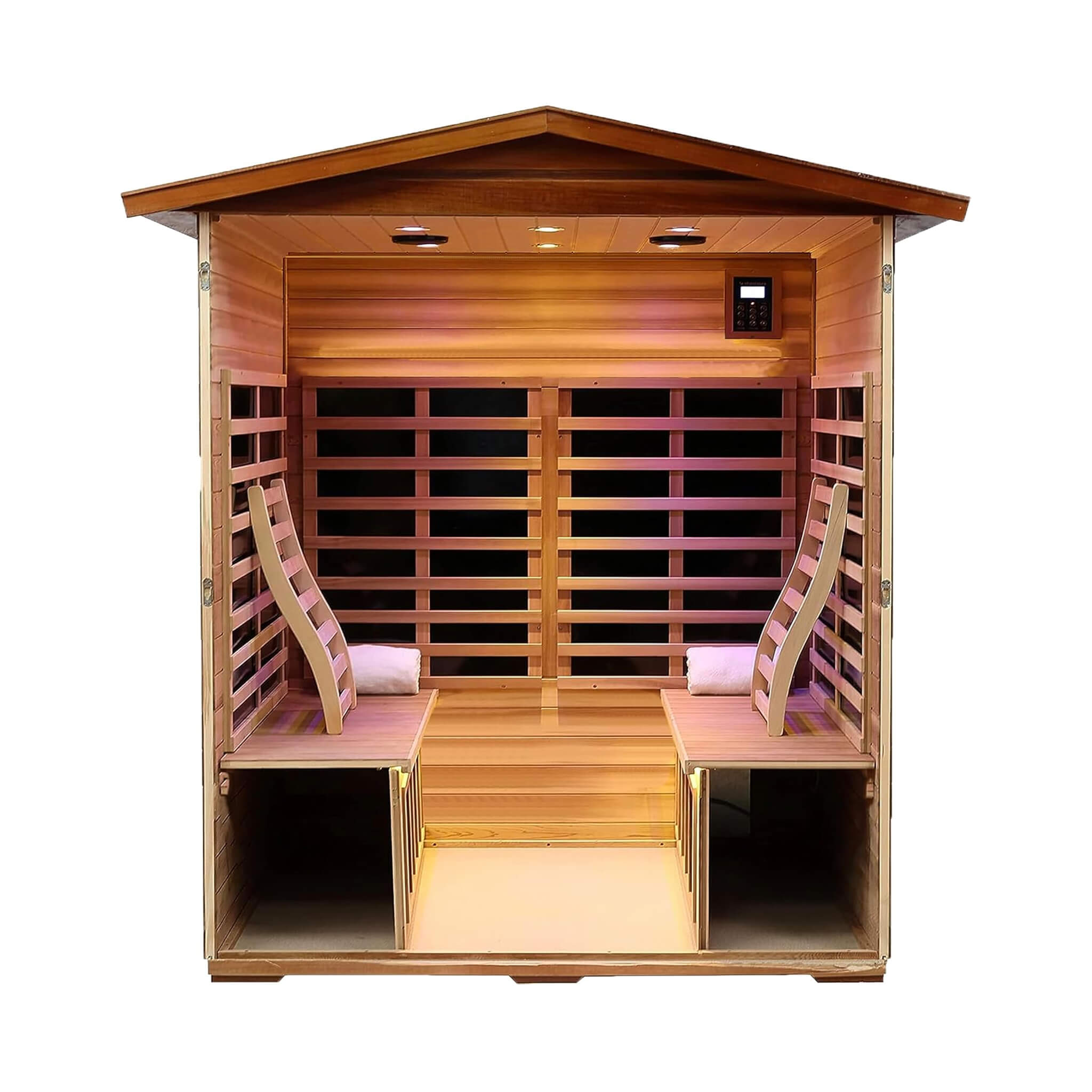 4-Person Thermora Deluxe Outdoor Mahogany Infrared Sauna – Ultra-Low EMF, Full Spectrum, Chromotherapy & Bluetooth