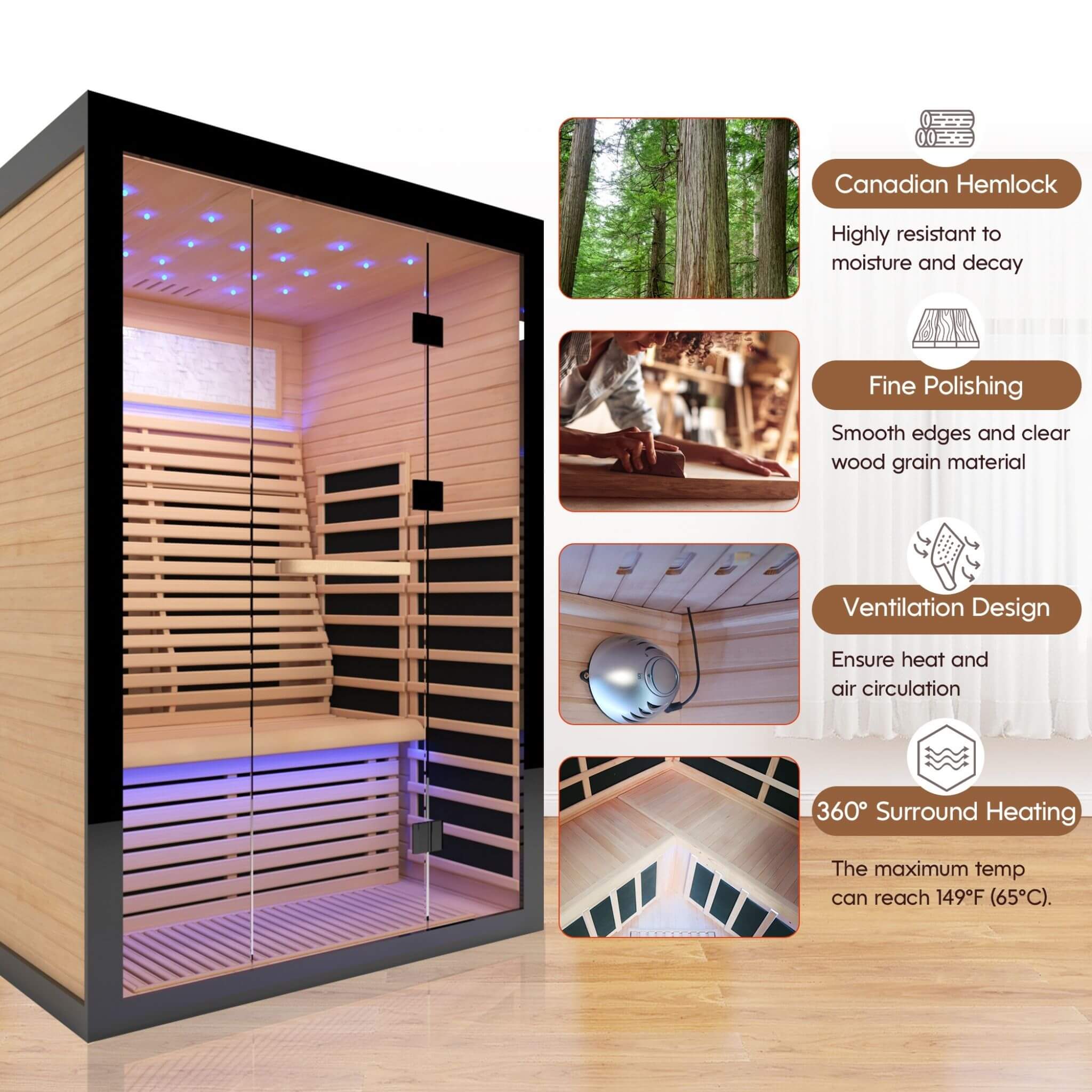 2-Person Thermora Vapor Luxury Home Infrared Sauna – Canadian Hemlock Wood