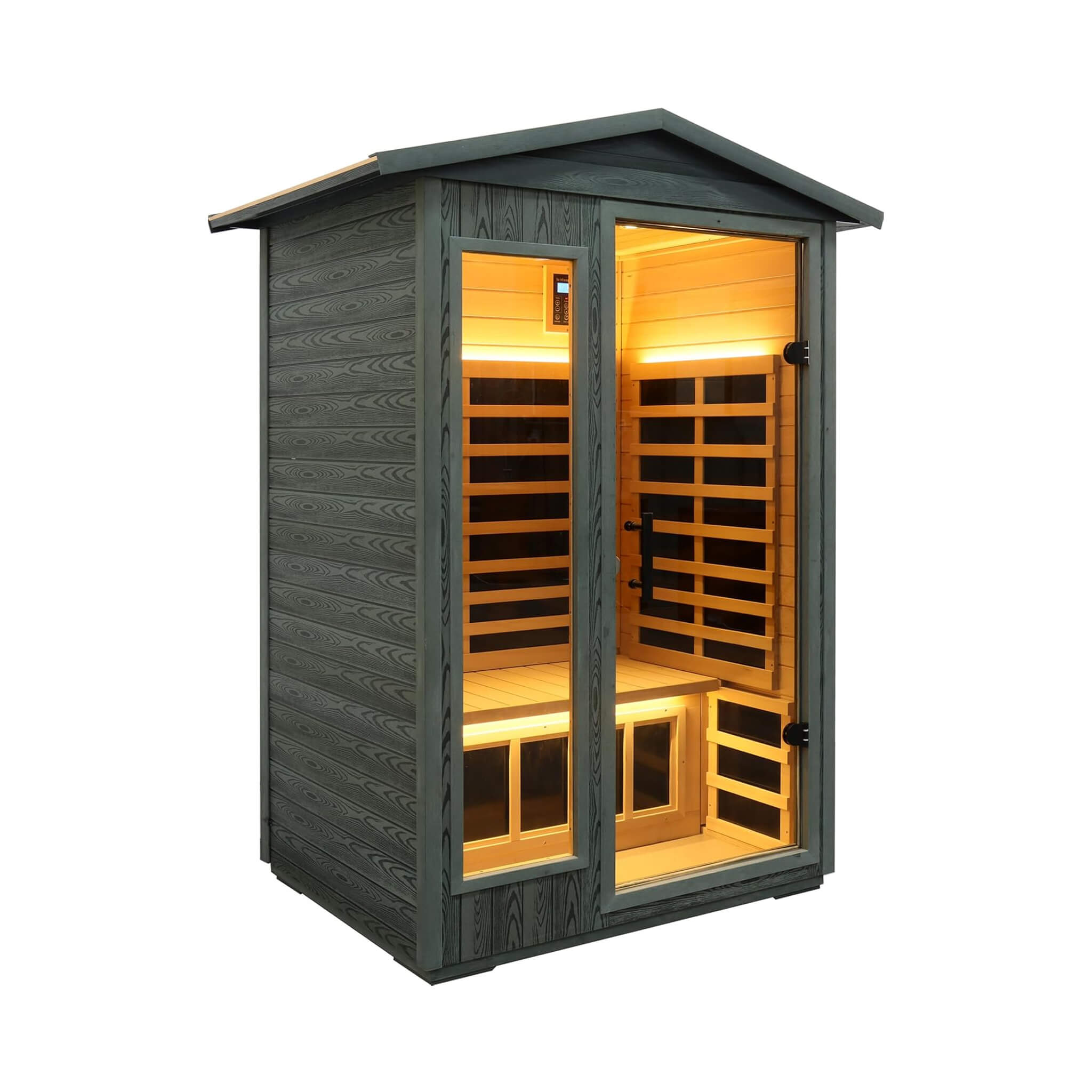 2-Person Thermora Riva Outdoor Infrared Sauna – Low EMF, Black Carbonized Walnut, Bluetooth & LED
