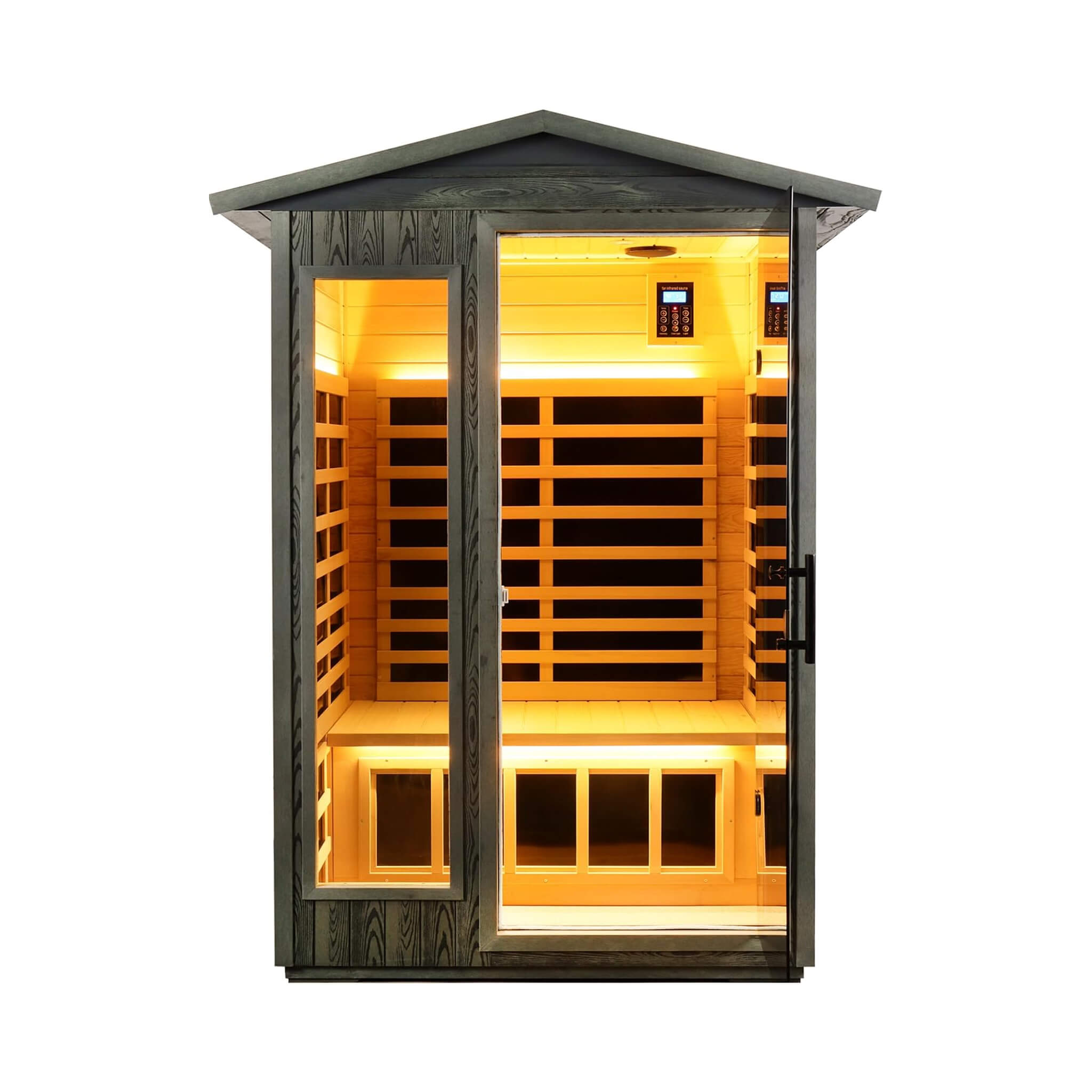 2-Person Thermora Riva Outdoor Infrared Sauna – Low EMF, Black Carbonized Walnut, Bluetooth & LED