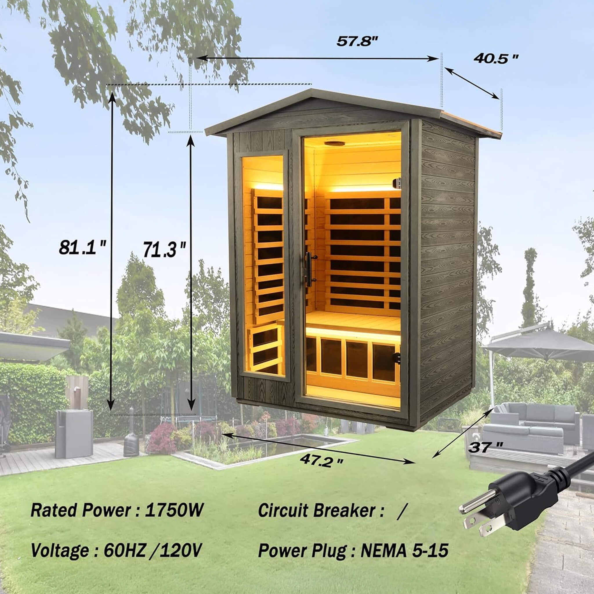 2-Person Thermora Riva Outdoor Infrared Sauna – Low EMF, Black Carbonized Walnut, Bluetooth & LED