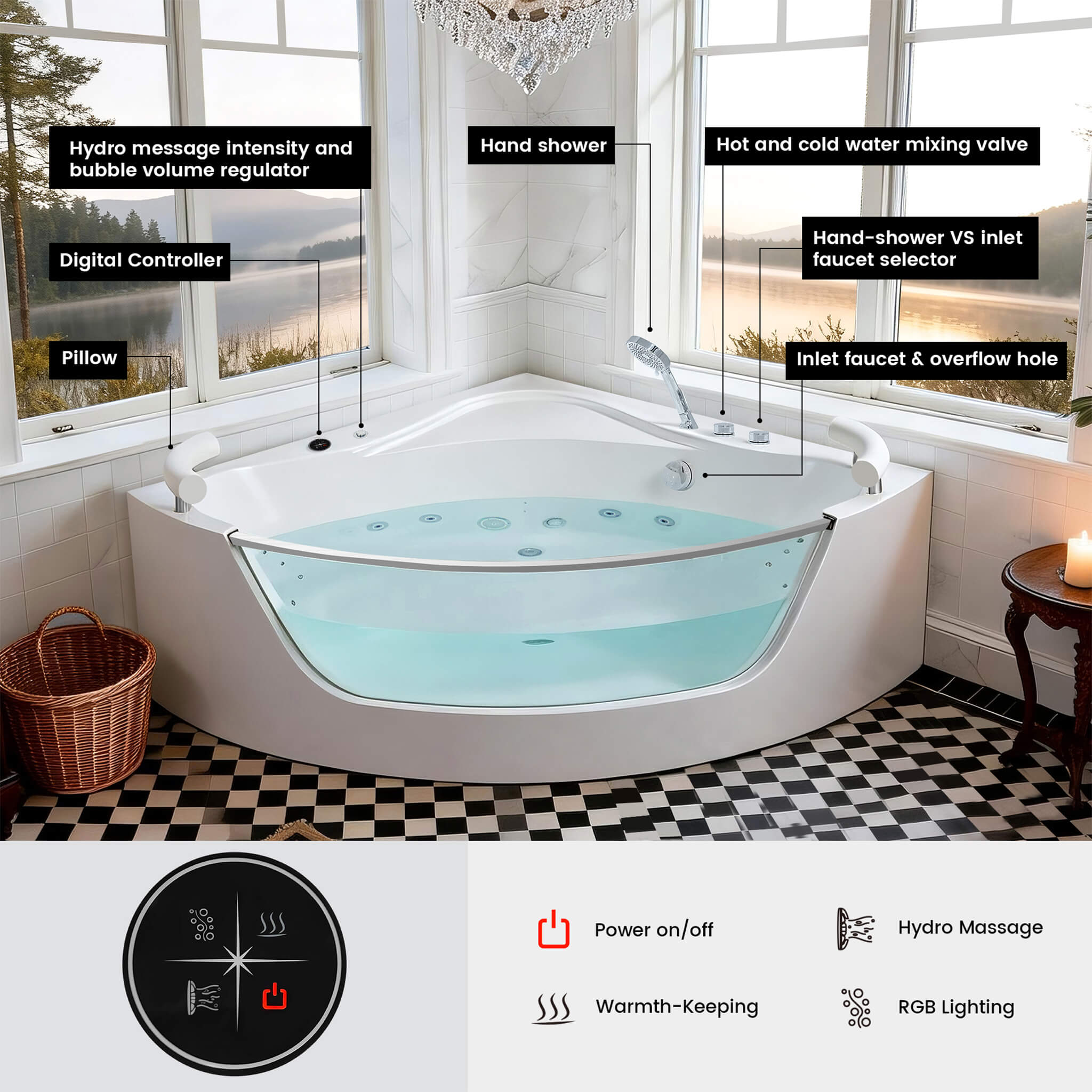 Alora Serenity 59" 2-Person Acrylic Corner Whirlpool Tub – 16 Jets, Hydro Massage, Heater & Rainbow Light