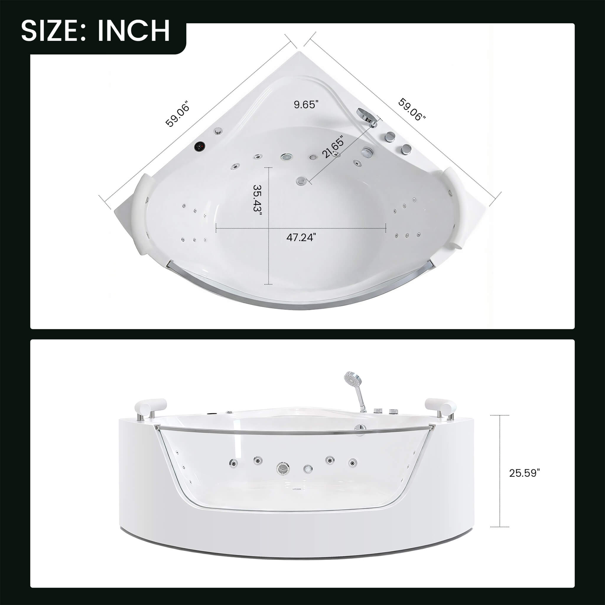 Alora Serenity 59" 2-Person Acrylic Corner Whirlpool Tub – 16 Jets, Hydro Massage, Heater & Rainbow Light
