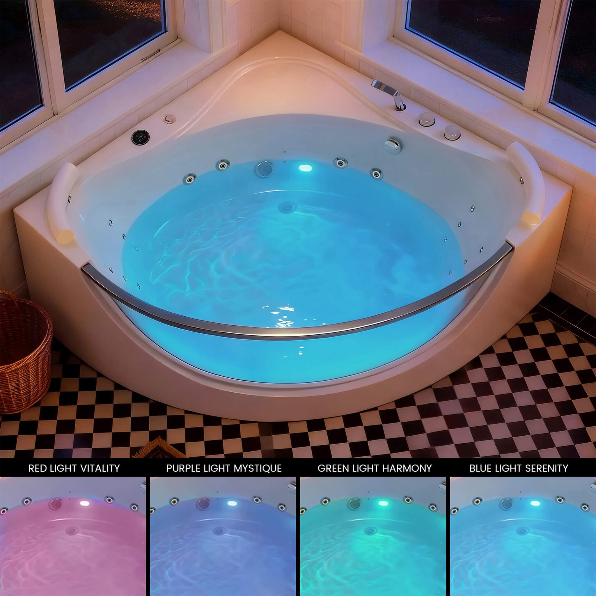 Alora Serenity 59" 2-Person Acrylic Corner Whirlpool Tub – 16 Jets, Hydro Massage, Heater & Rainbow Light