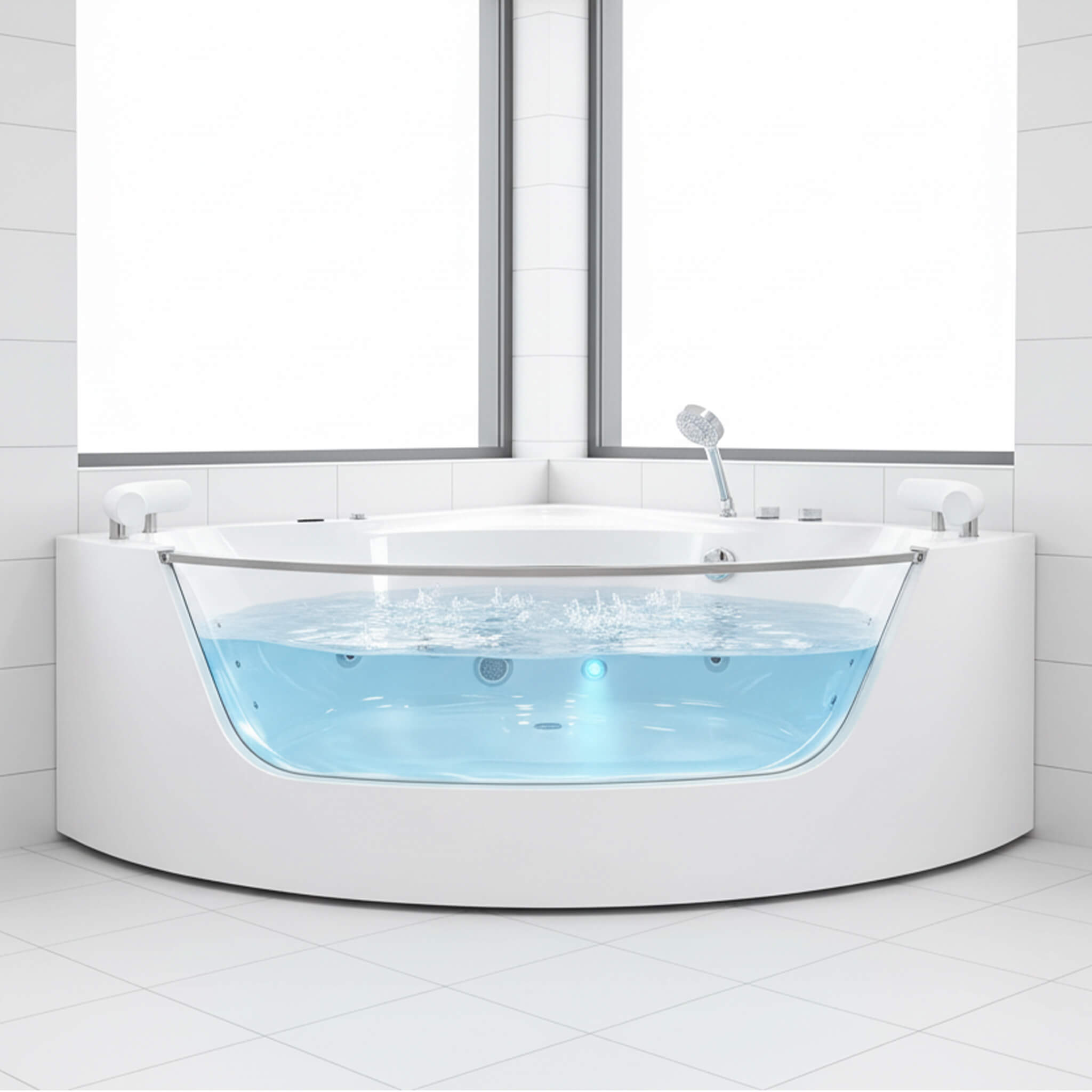 Alora Serenity 59" 2-Person Acrylic Corner Whirlpool Tub – 16 Jets, Hydro Massage, Heater & Rainbow Light