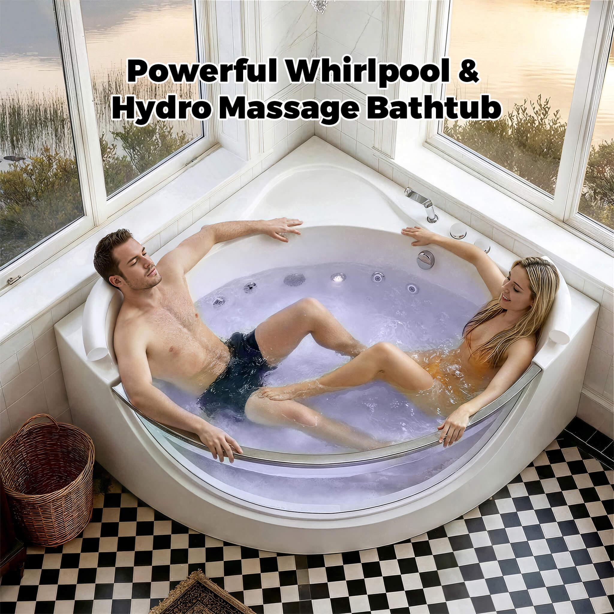Alora Serenity 59" 2-Person Acrylic Corner Whirlpool Tub – 16 Jets, Hydro Massage, Heater & Rainbow Light