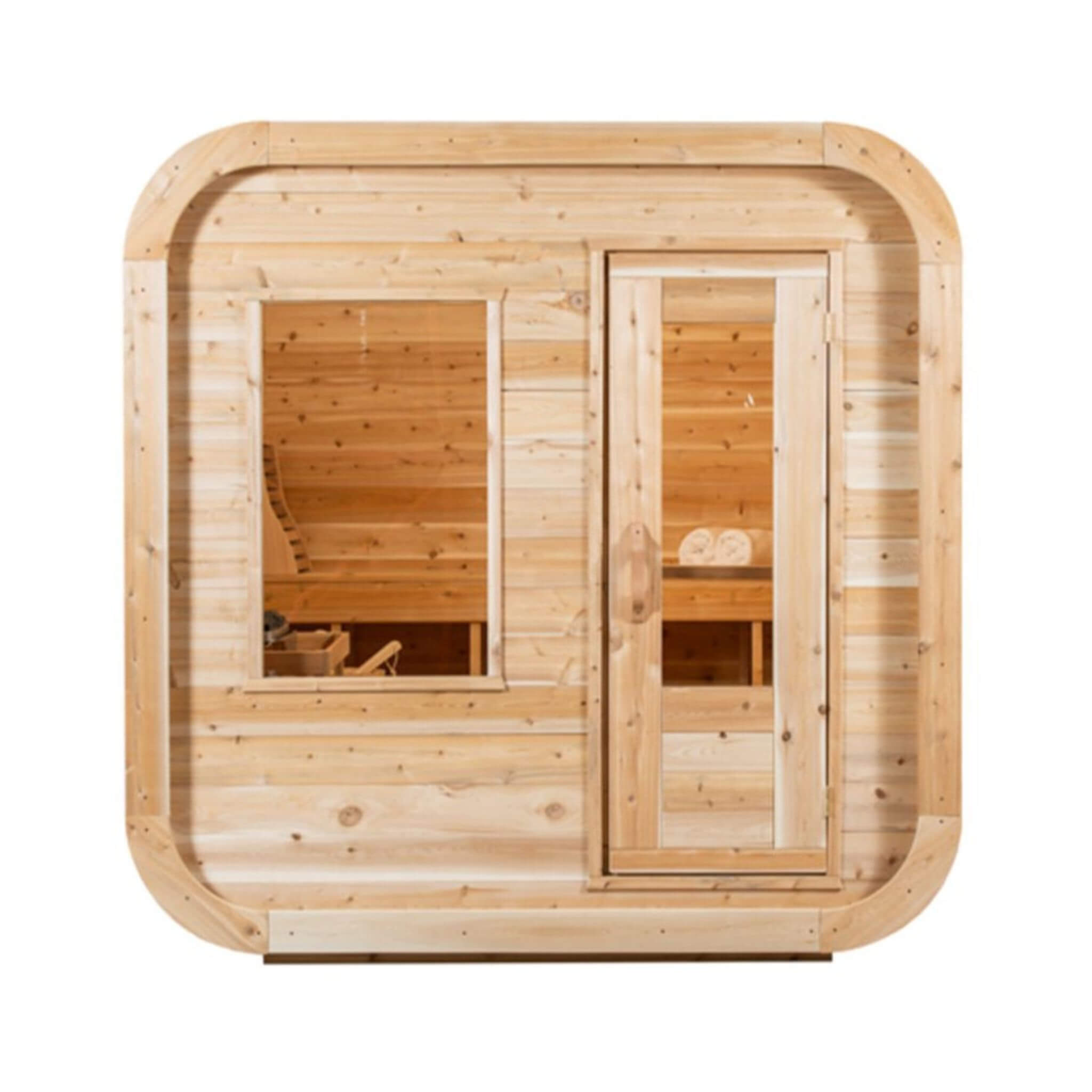 Dundalk Leisurecraft Luna Cube 4-Person Canadian Timber Sauna – Sloped Roof & Front Window