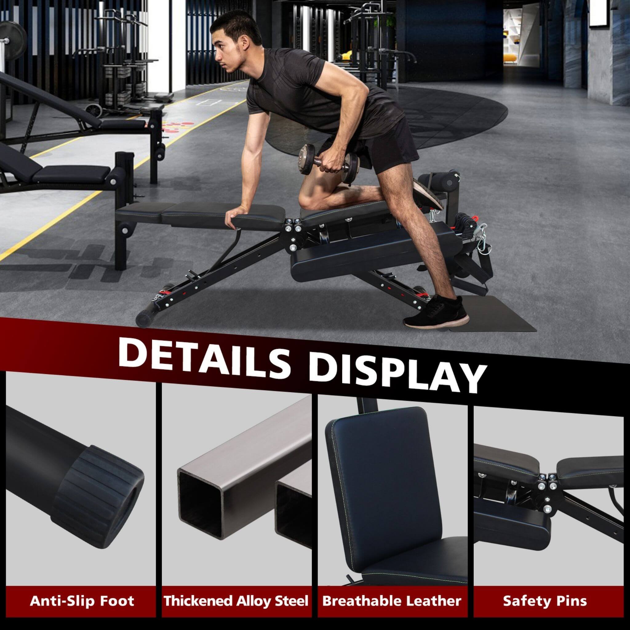Rovix Foldable Multi-Function Weight Bench – Resistance Bands, Footrest & Leg Extension