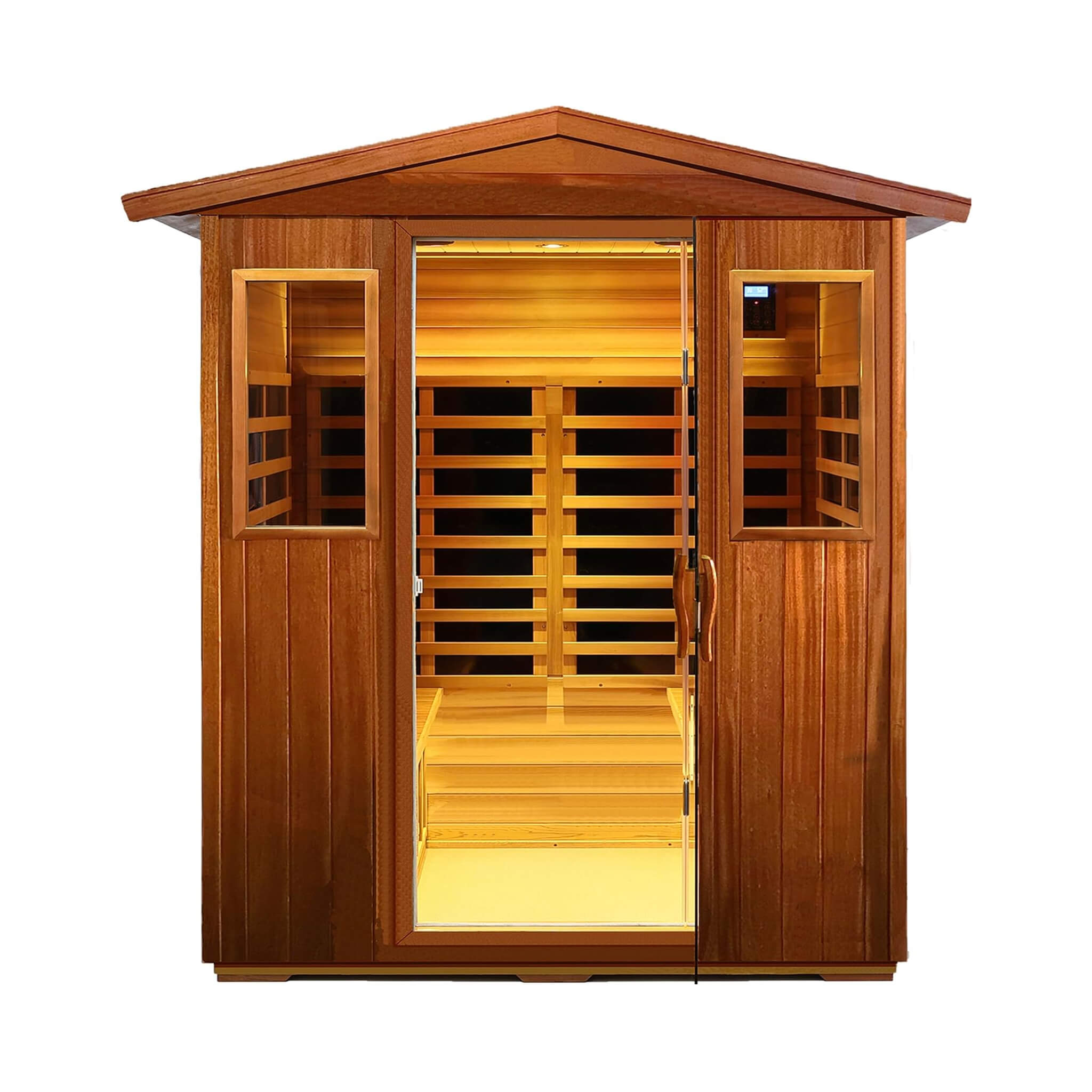 4-Person Thermora Deluxe Outdoor Mahogany Infrared Sauna – Ultra-Low EMF, Full Spectrum, Chromotherapy & Bluetooth