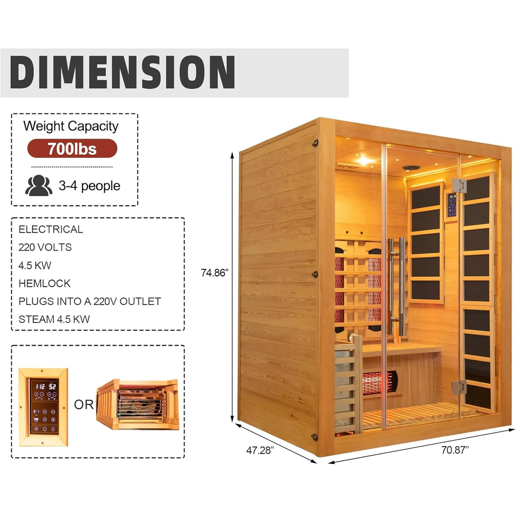 3-Person Rövia Aurora Indoor Hybrid Sauna – Infrared & 4.5KW Steam Heater